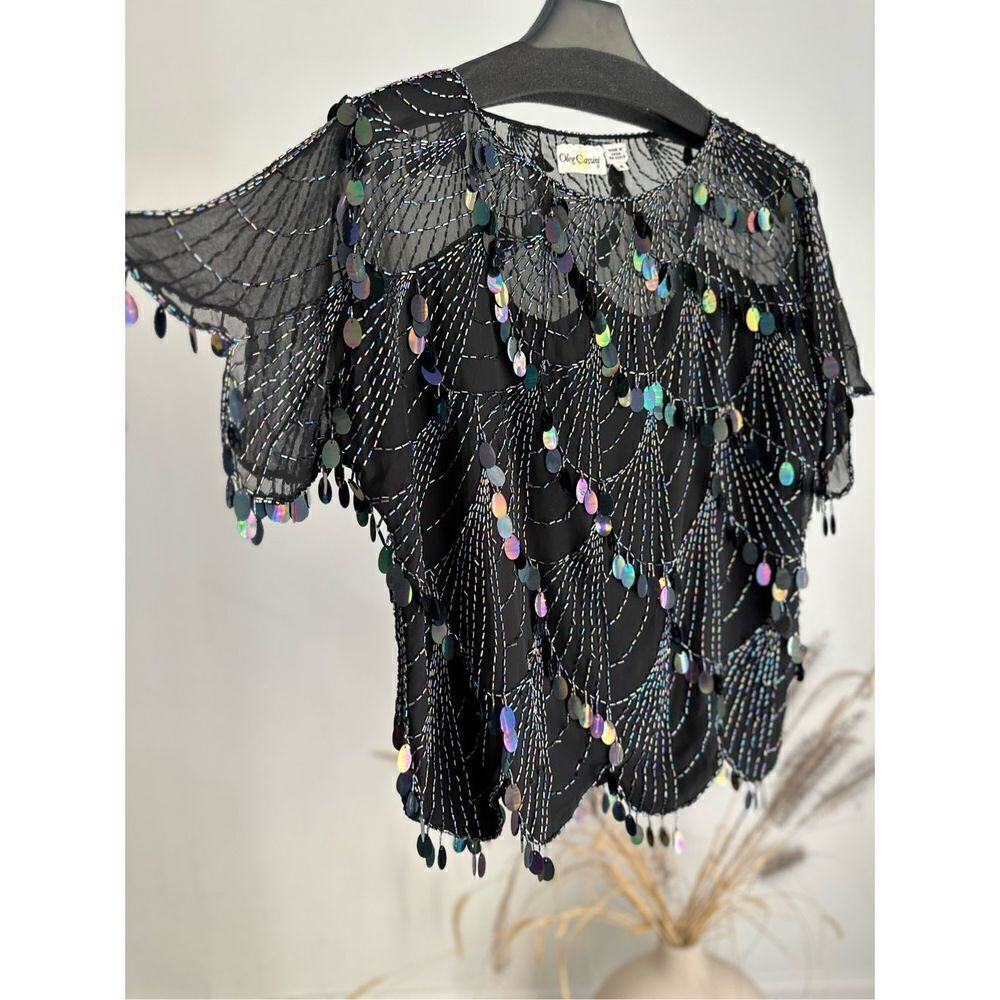 100% Silk Oleg Cassini Black Paillette Sequins Top Blouse Vintage Medium - Picture 6 of 7